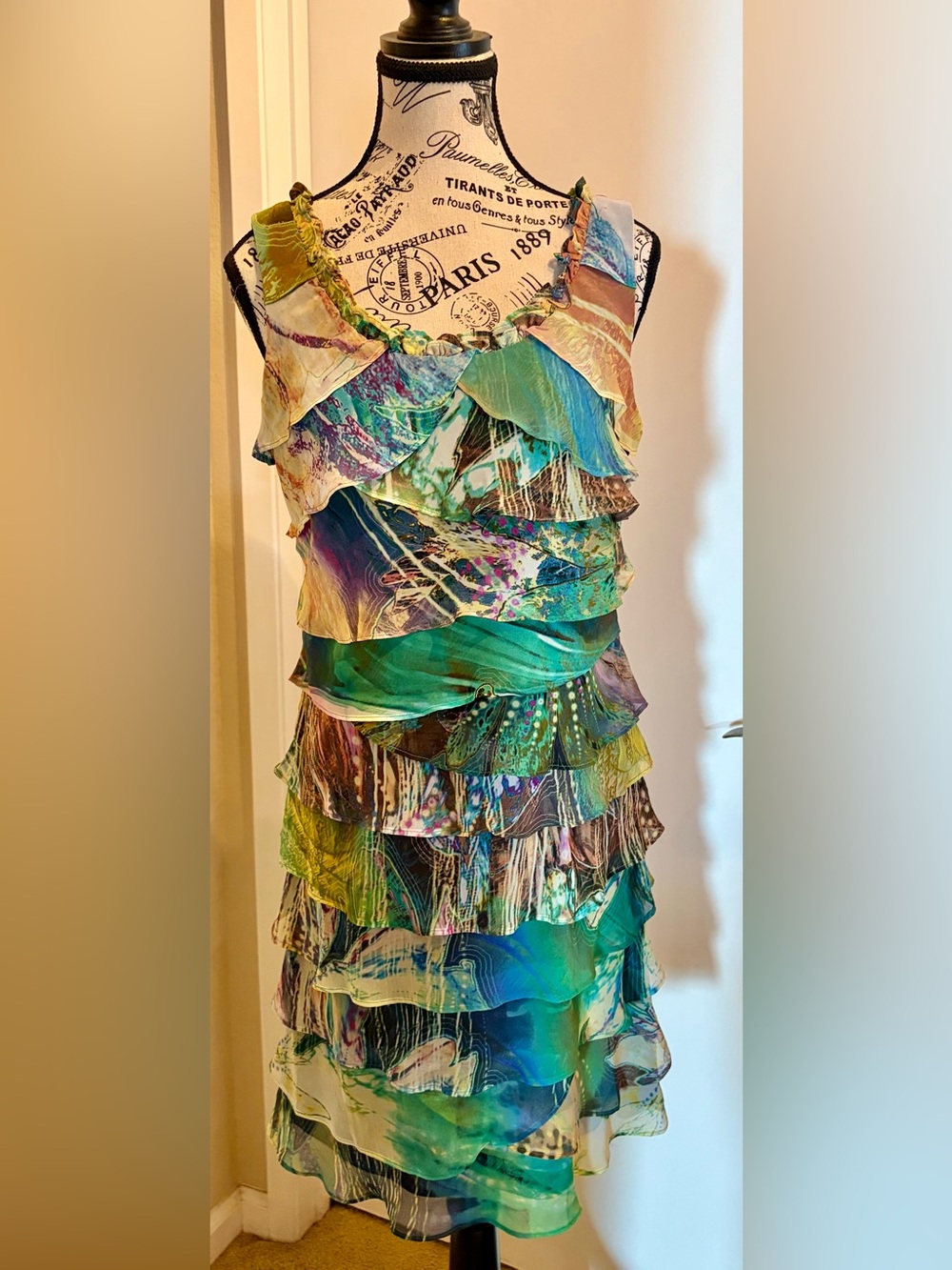 Tiered Ruffled Multicolor Silk-Look Dress - Teal & Green Palette